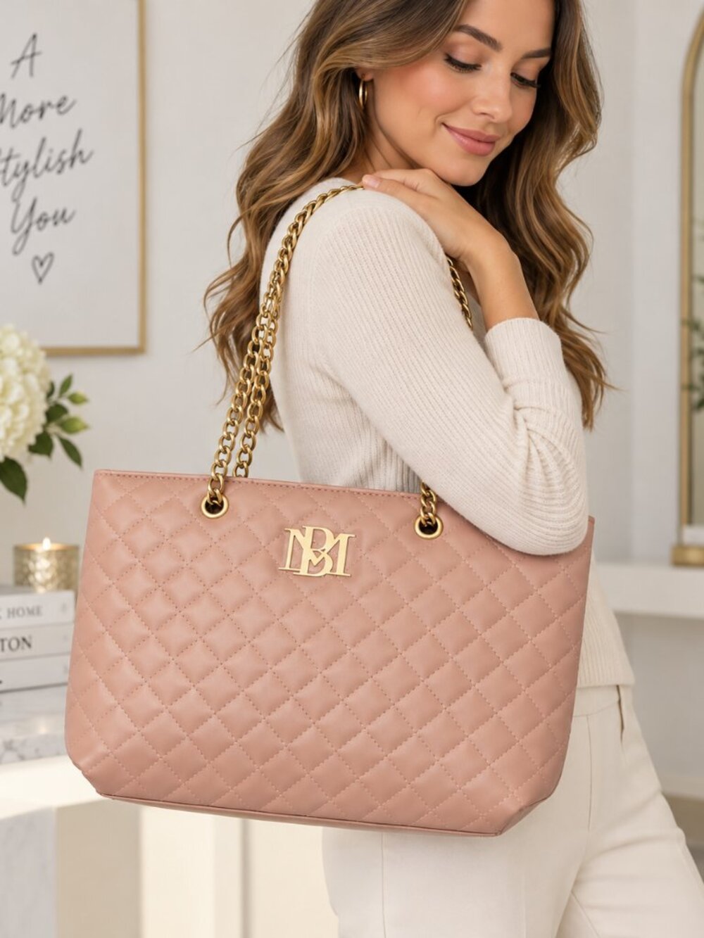 NWT Badgley Mischka Blush Quilted Chain Strap Tote Bag Vegan Leather